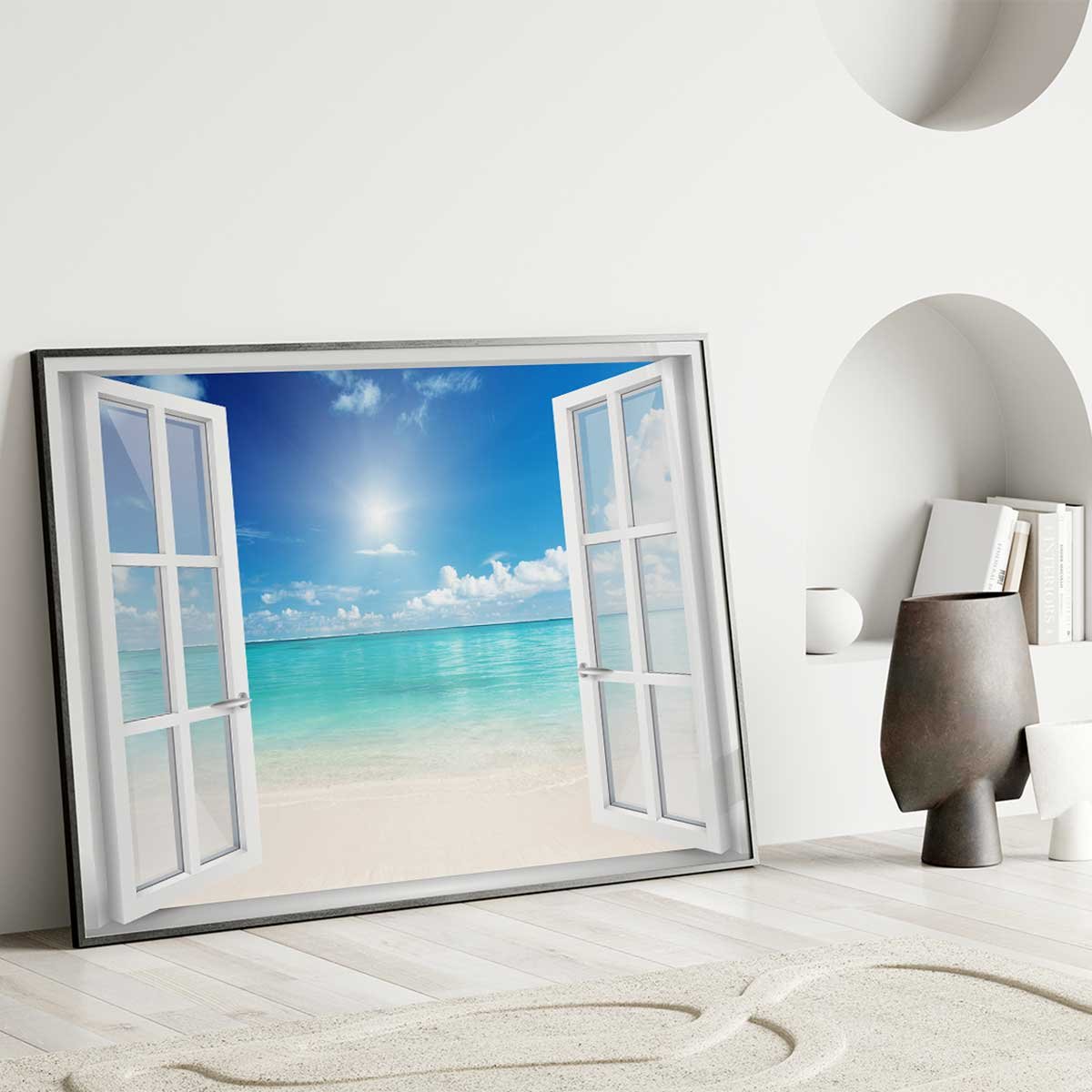 Affiche encadrée fenêtre vue plage tropicale affiche + cadre en métal - noir, HEXOA