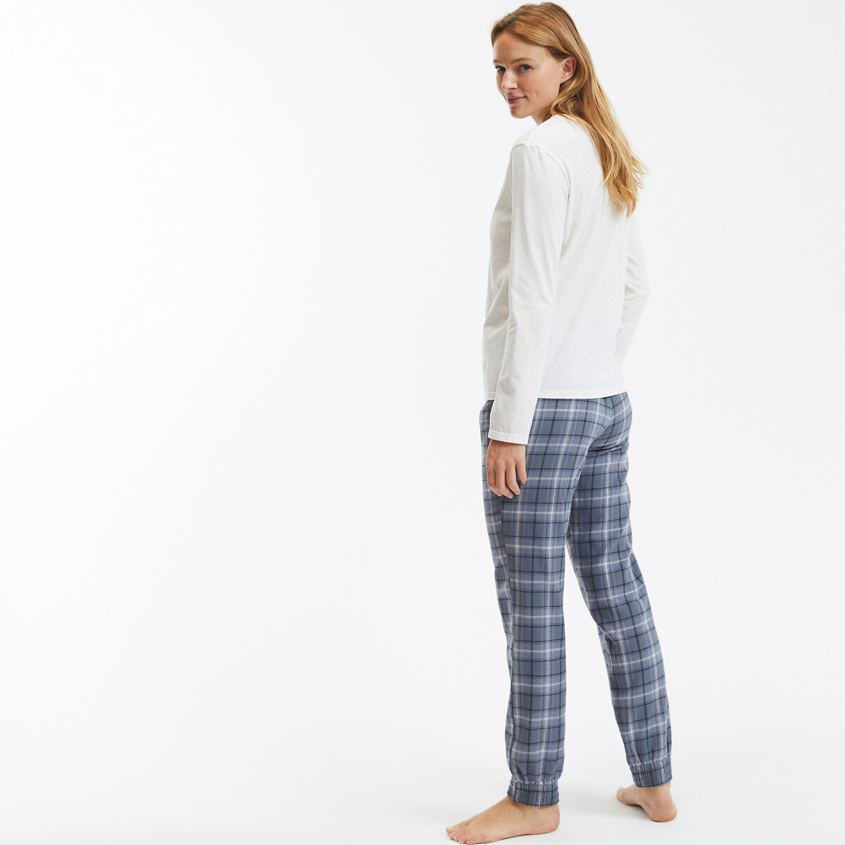 Pigiama t-shirt stampata, pantaloni a quadri quadrati blu/grigio, SO'HOME
