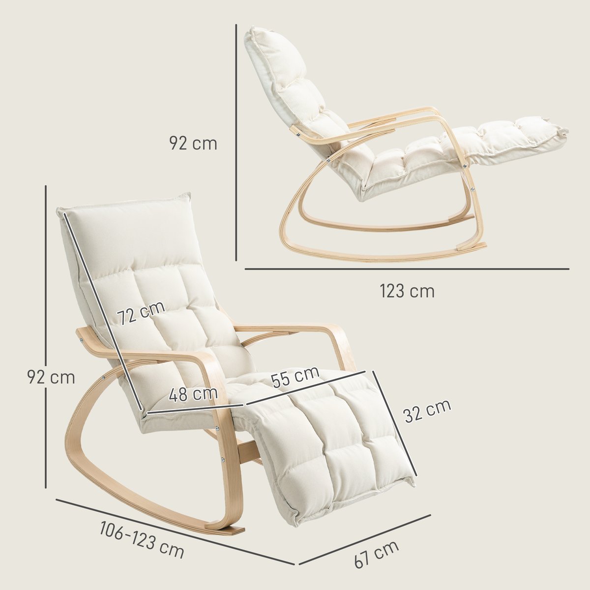 Fauteuil à bascule Lin (100% polyester) Blanc crème, HOMCOM