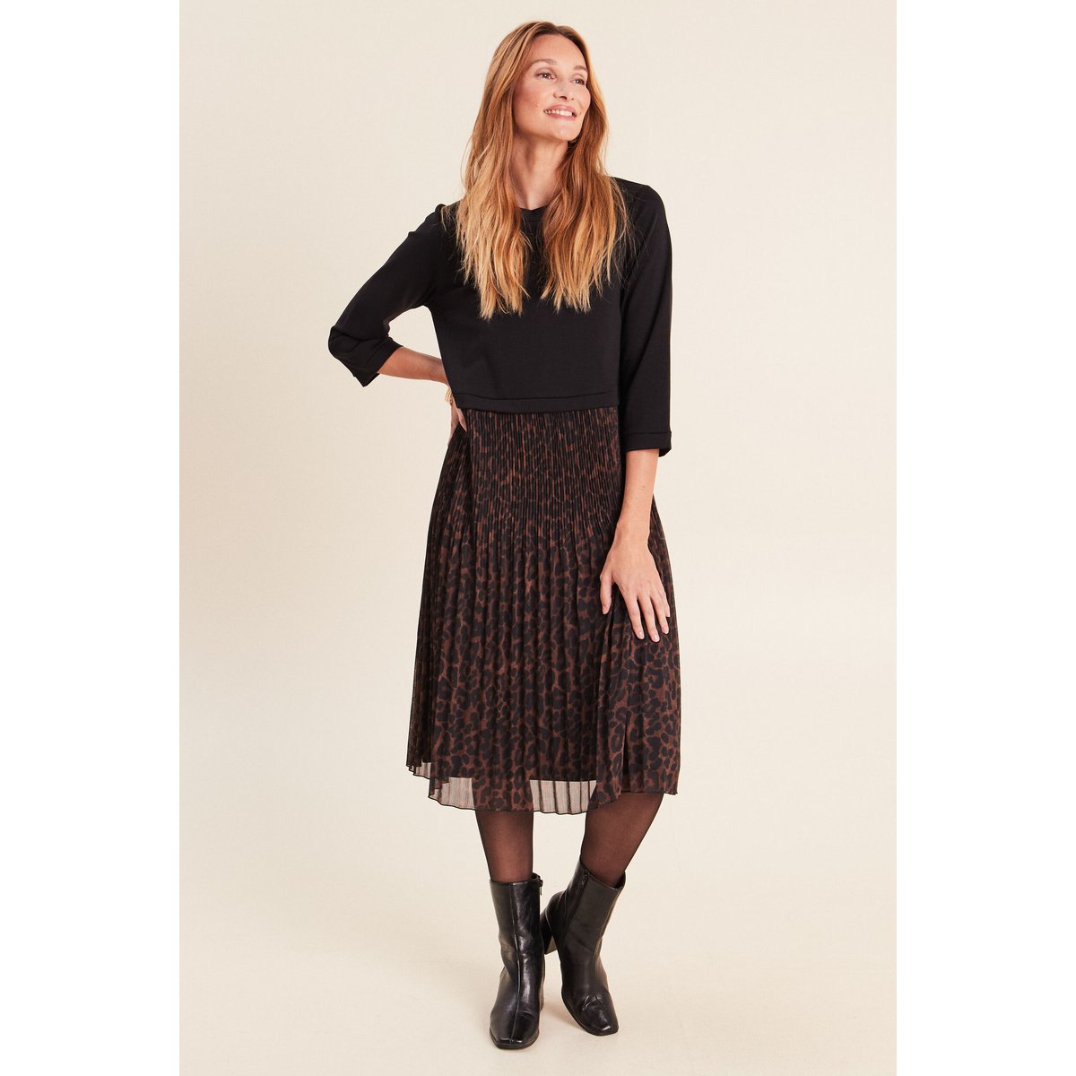 Robe bi-matière évasée col rond marron, BREAL
