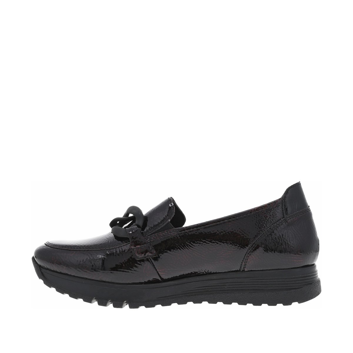 Mocassins en vernis bordeaux avec semelle à talon plat et maillons décoratifs bordeaux, RIEKER
