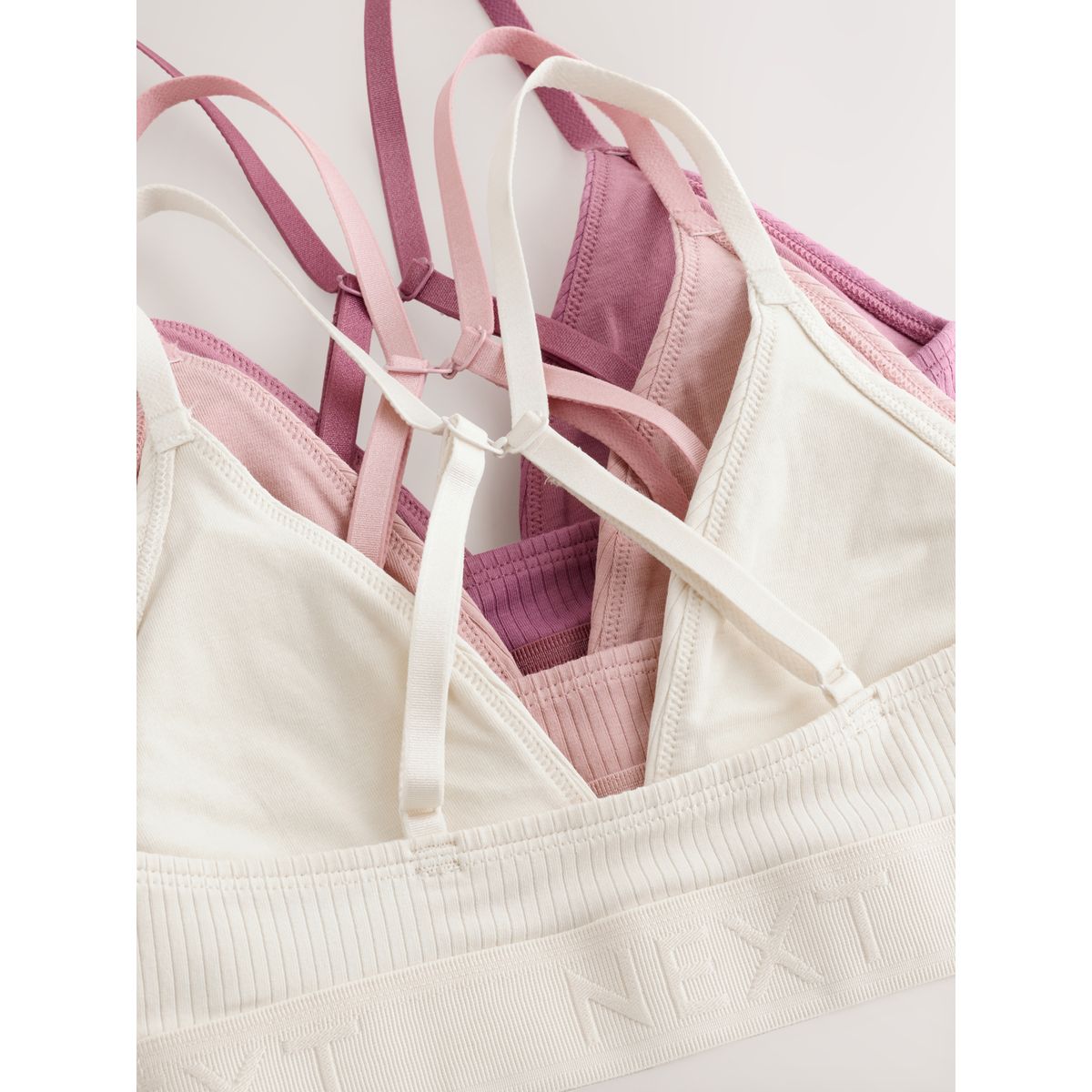 Brassière côtelée en coton à logo, lot de 3 rose/lilas/crème, NEXT