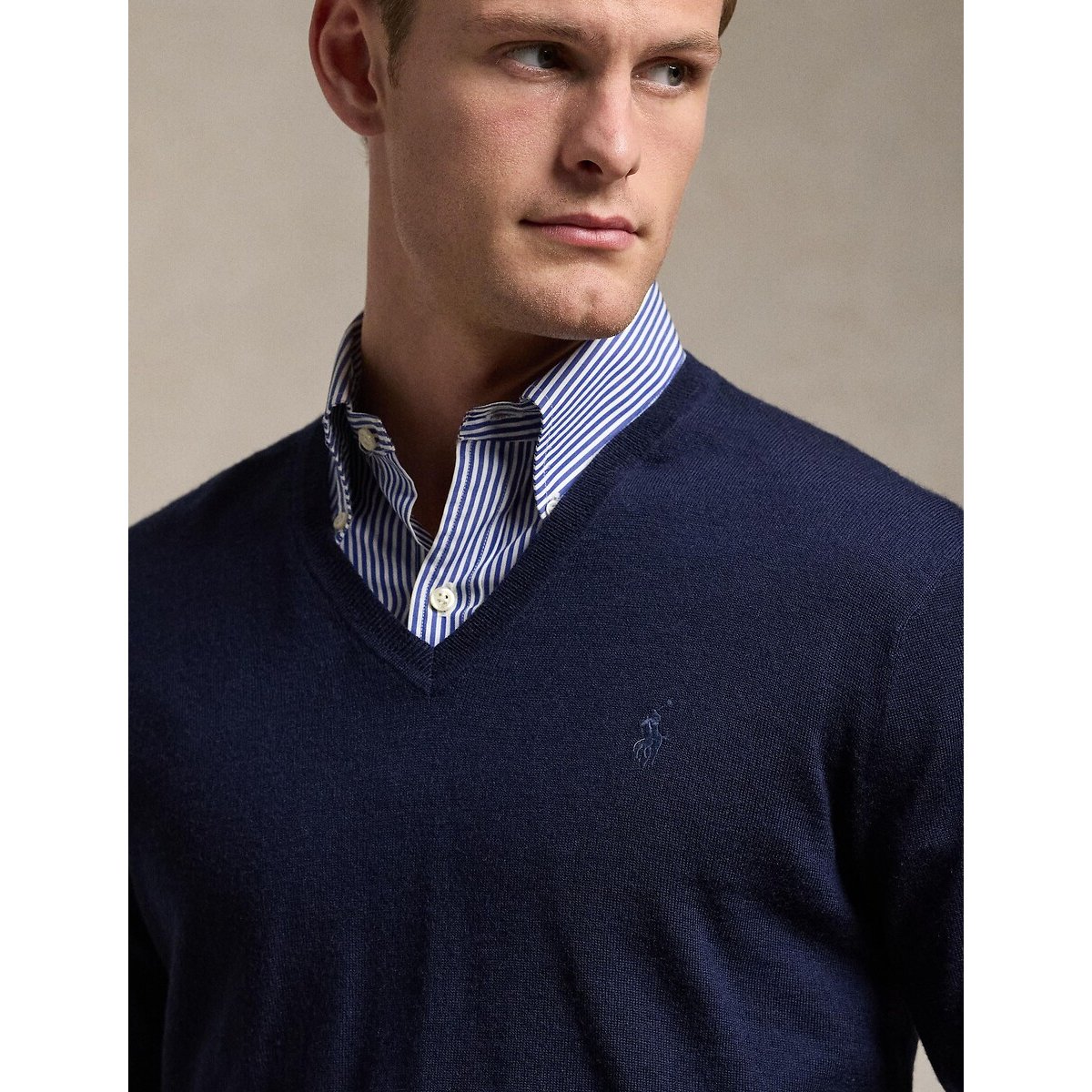 Maglione in lana scollo a v in maglia grossa blu marino, POLO RALPH LAUREN