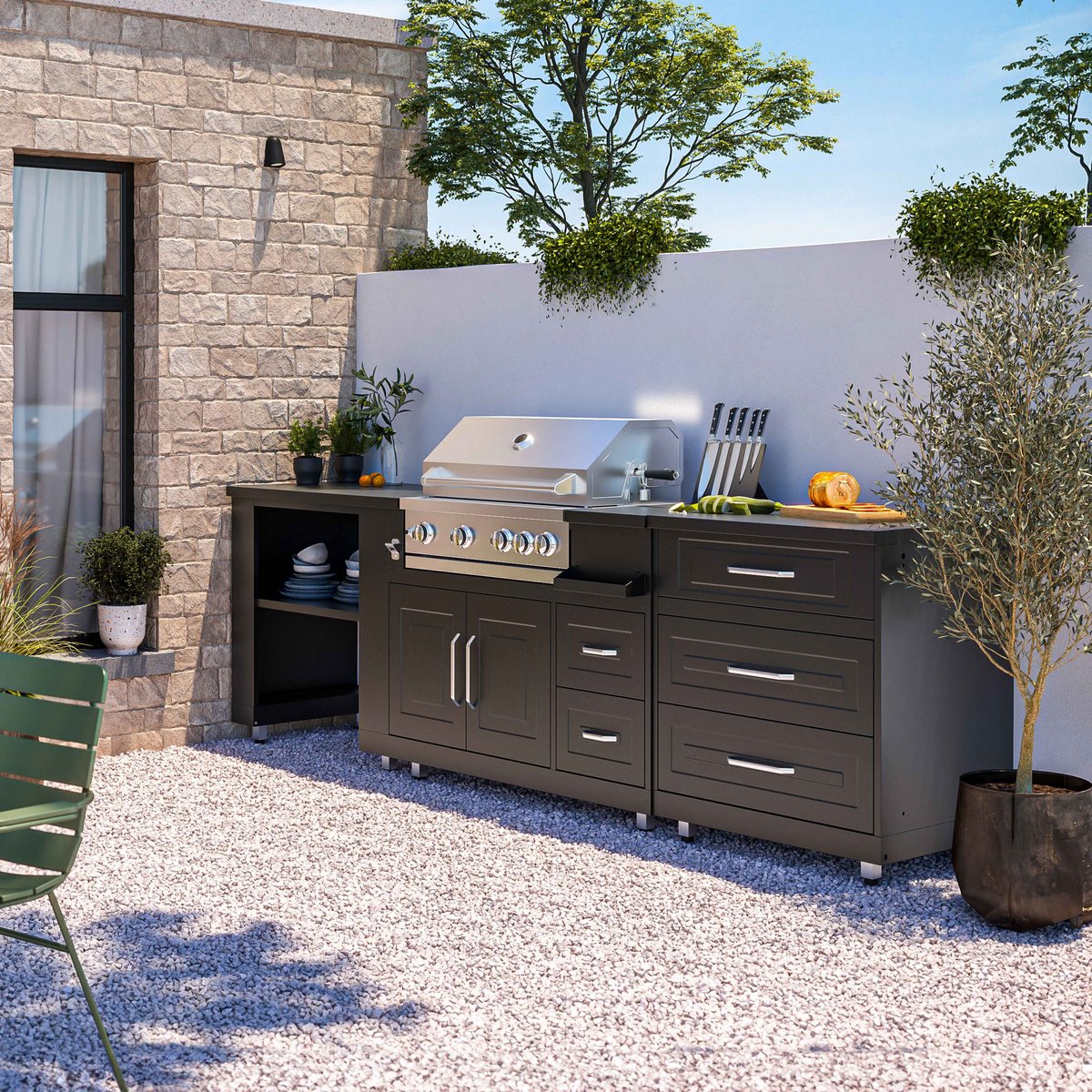 Cuisine d'extérieur 3 modules avec barbecue, MEMPHIS noir, OVIALA