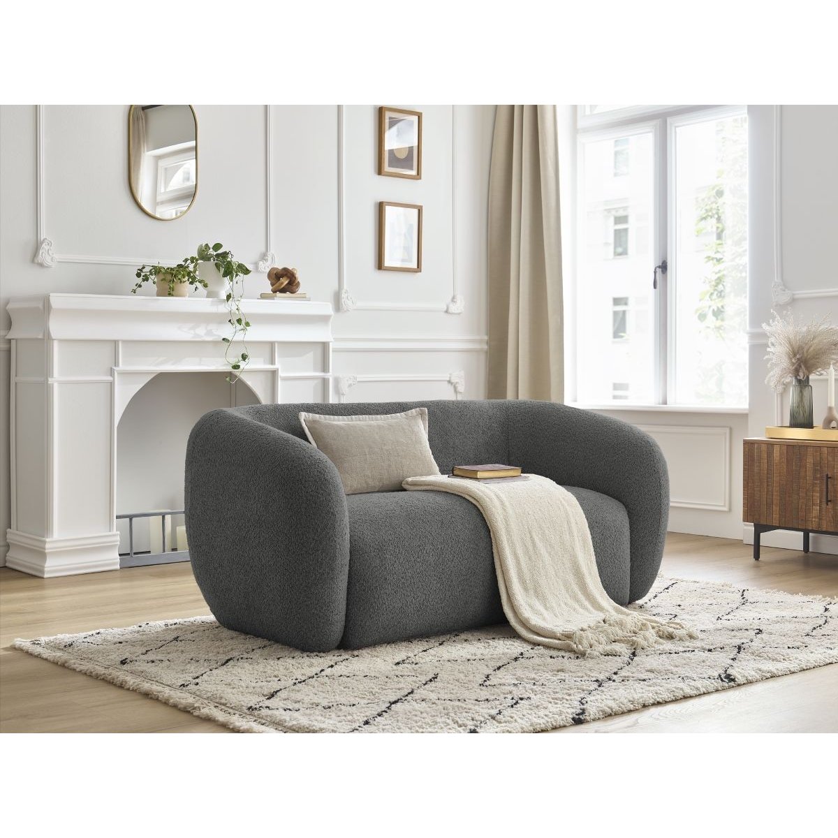 Canapé droit fixe 2 places en tissu bouclette, CELINE gris foncé, BOBOCHIC