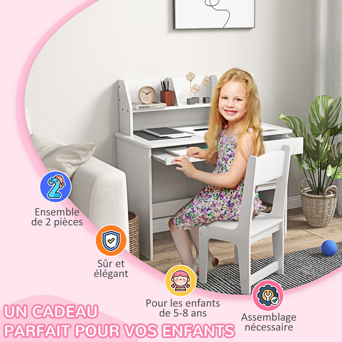 Bureau d'étude pour enfants avec chaise MDF blanc, ZONEKIZ