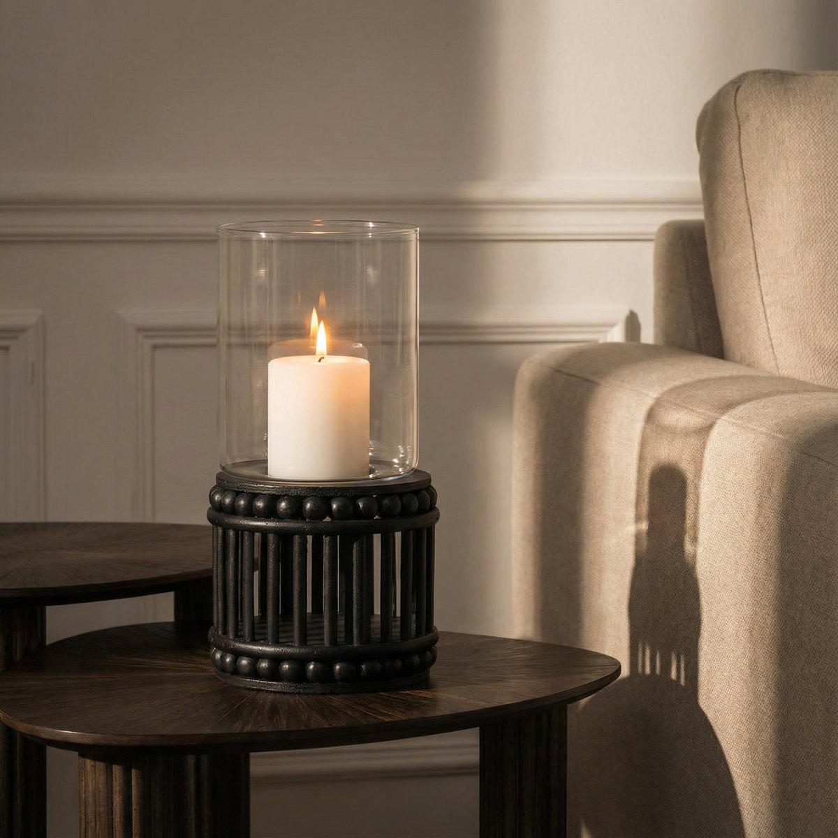 Porte-bougie en rotin H31 PERLINE noir, SIA DECO