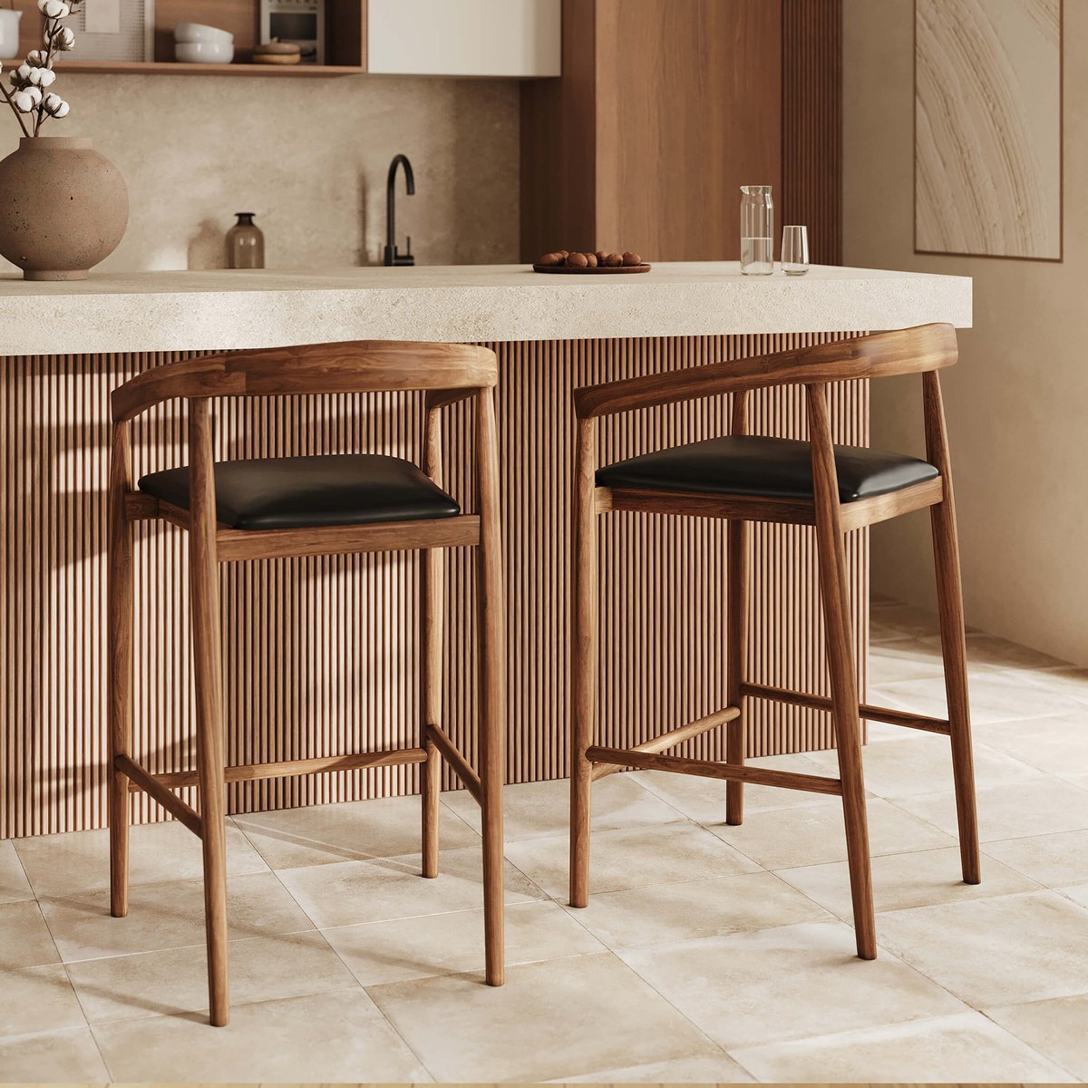Lot de 2 chaises de bar 77 cm en bois de teck vernis et assise en cuir - BALI noir, MAISON PAVANE