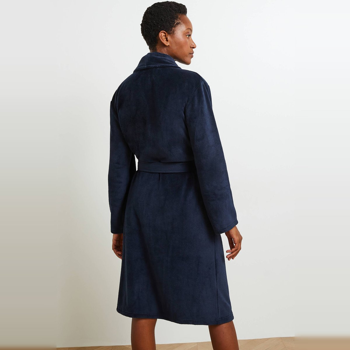 Peignoir long uni en polaire marine, MONOPRIX