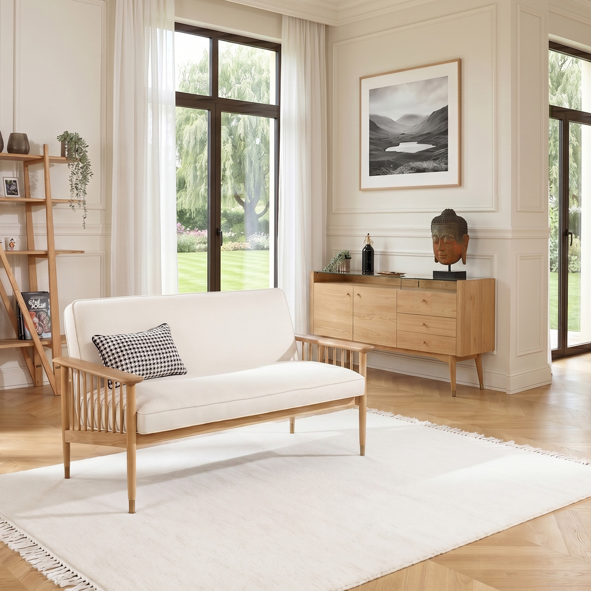 Banquette style scandinave 2 places en chêne et lin premium ALBERTINE lin, ROBIN DES BOIS