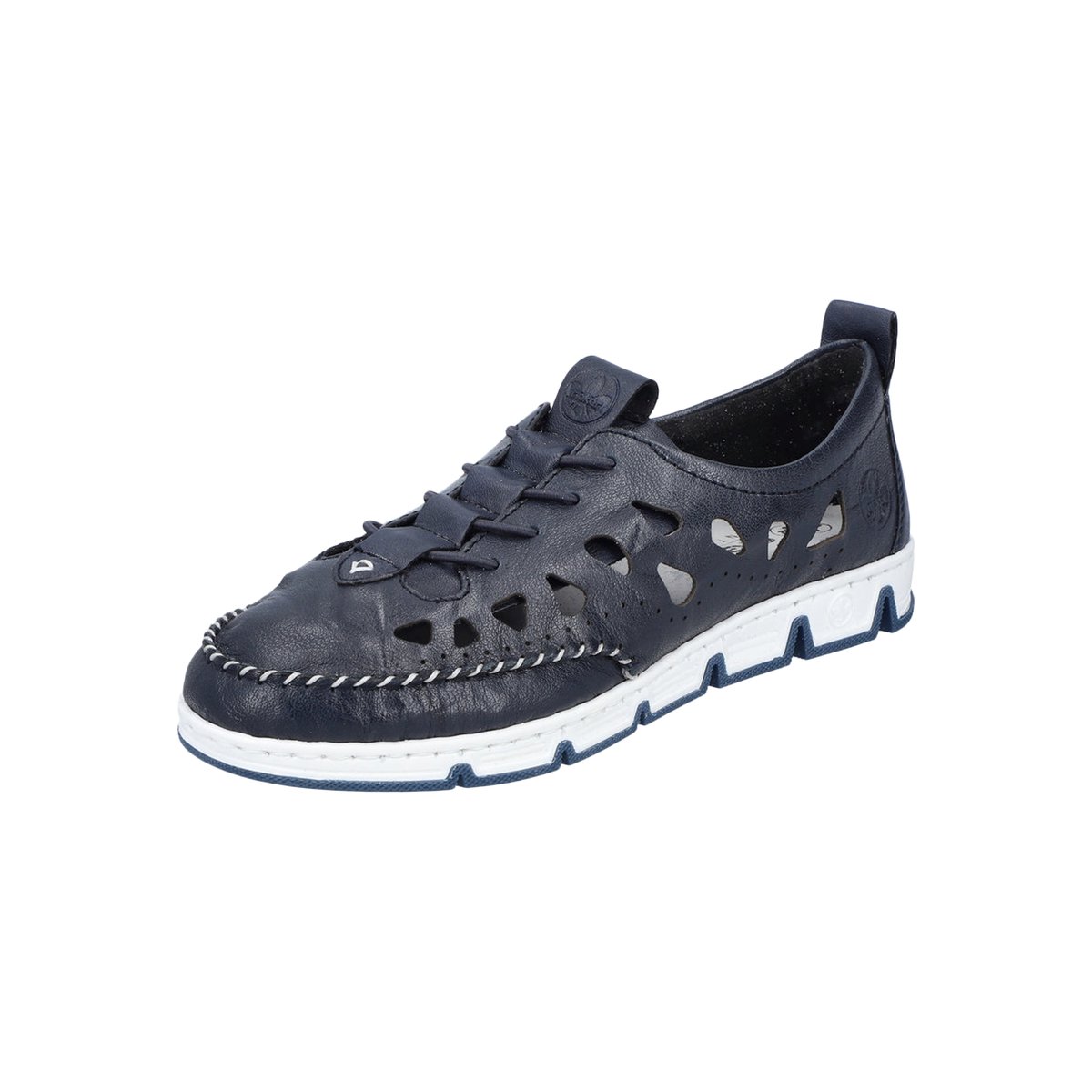 Sneakers en cuir bleues marine ajourées à semelle plate et à fermeture slip-on marine, RIEKER