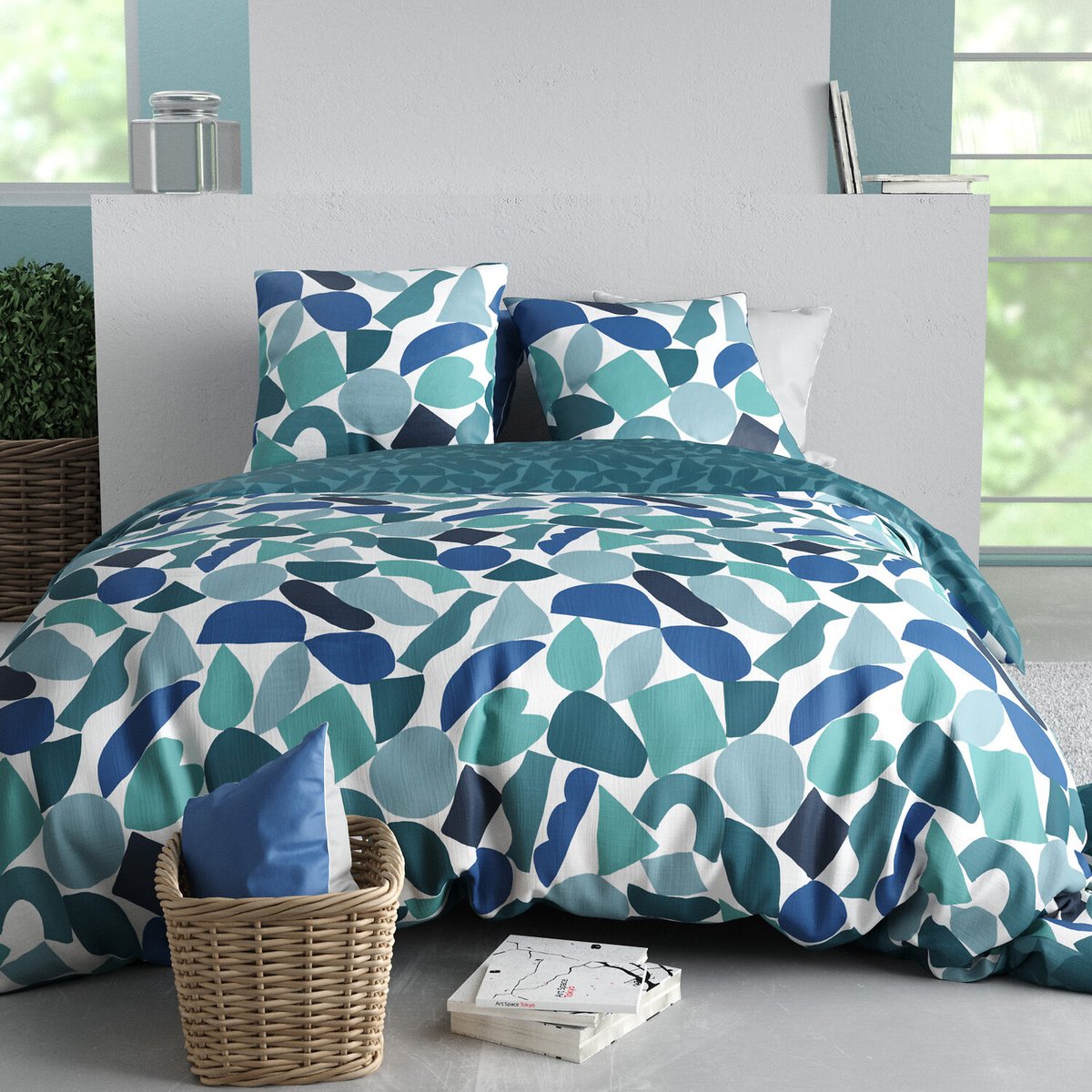 Parure housse de couette en coton imprimée, Nano bleu, C DESIGN HOME TEXTILE