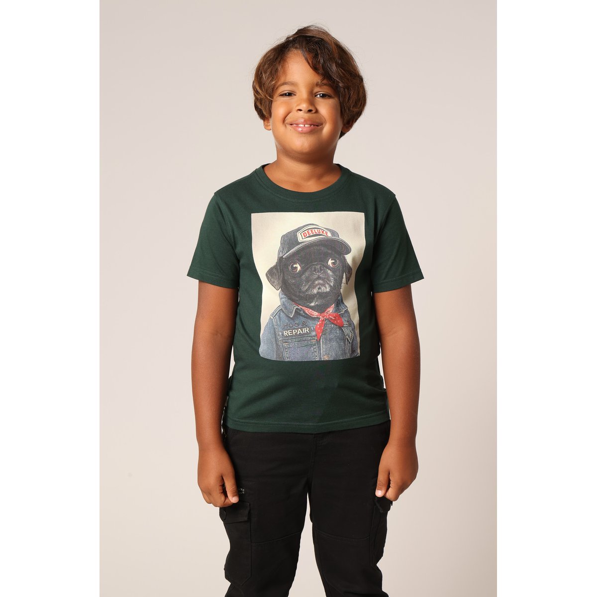T-shirt garçon 100 % coton avec imprimé chien aspect denim et casquette deeluxe PEPERE emerald, DEELUXE