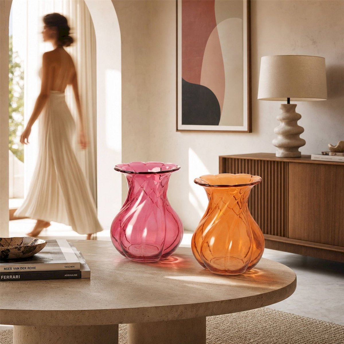 Vase en verre à relief, Lot de 2 orange et fuchsia, RECOLLECTION