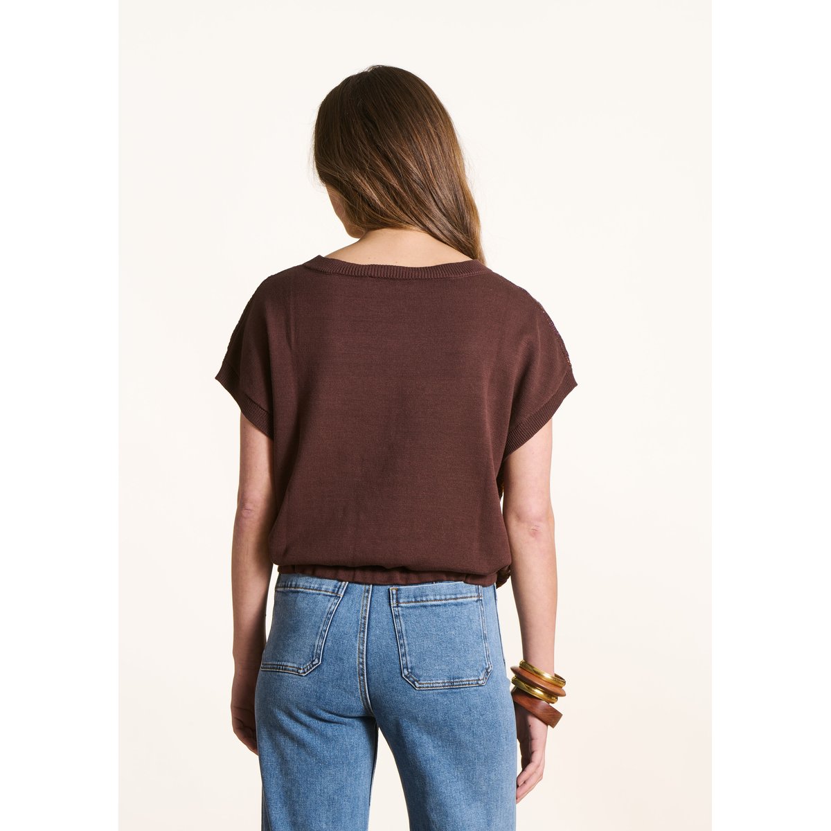 Pull manches courtes en maille crochet mahogany/orange, LA FEE MARABOUTEE