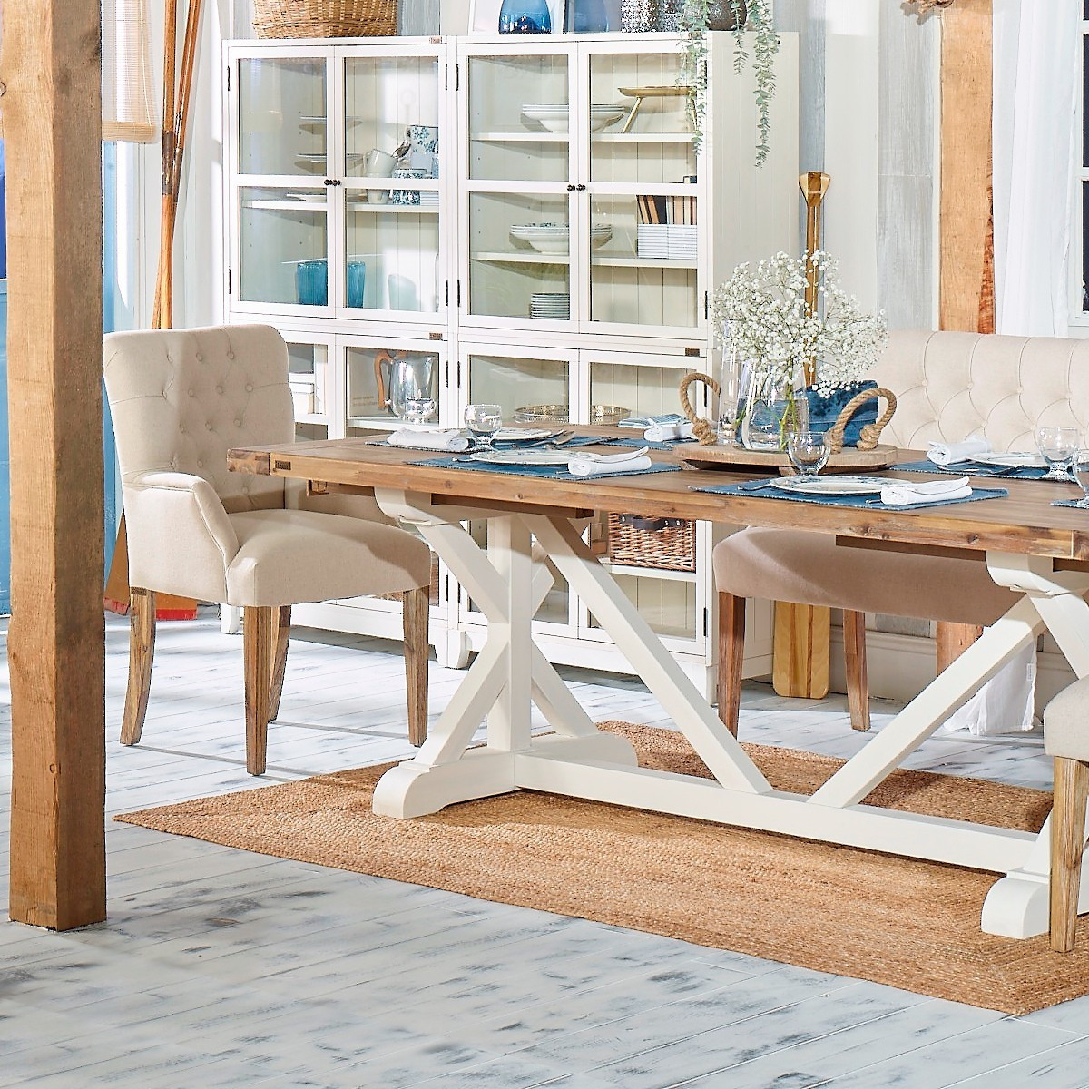 Fauteuil de table capitonné style contemporain en hévéa et lin coton AGATA ficelle, ROBIN DES BOIS