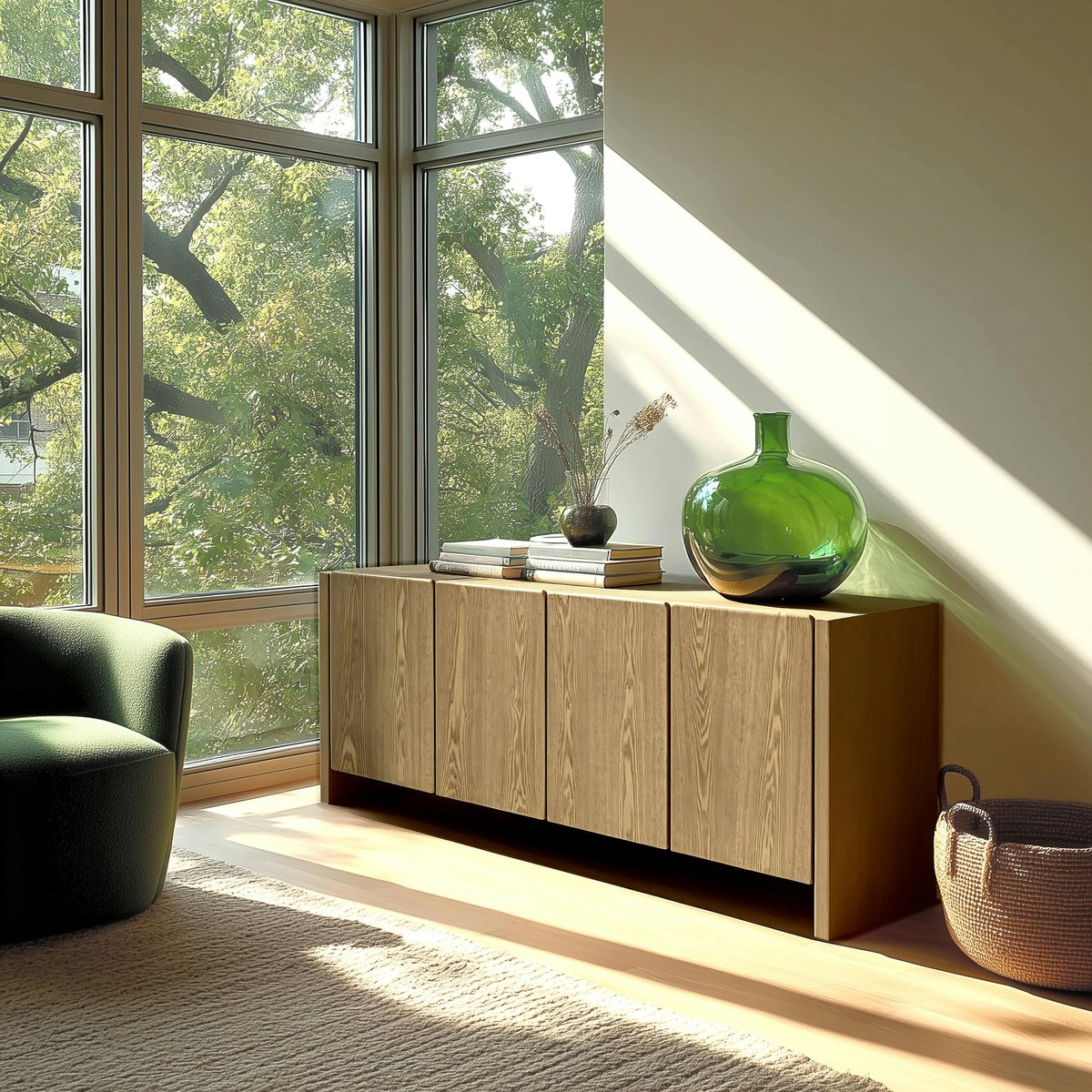 Buffet 190cm couleur naturelle 4 portes design arrondi VELAR bois naturel, PIER IMPORT