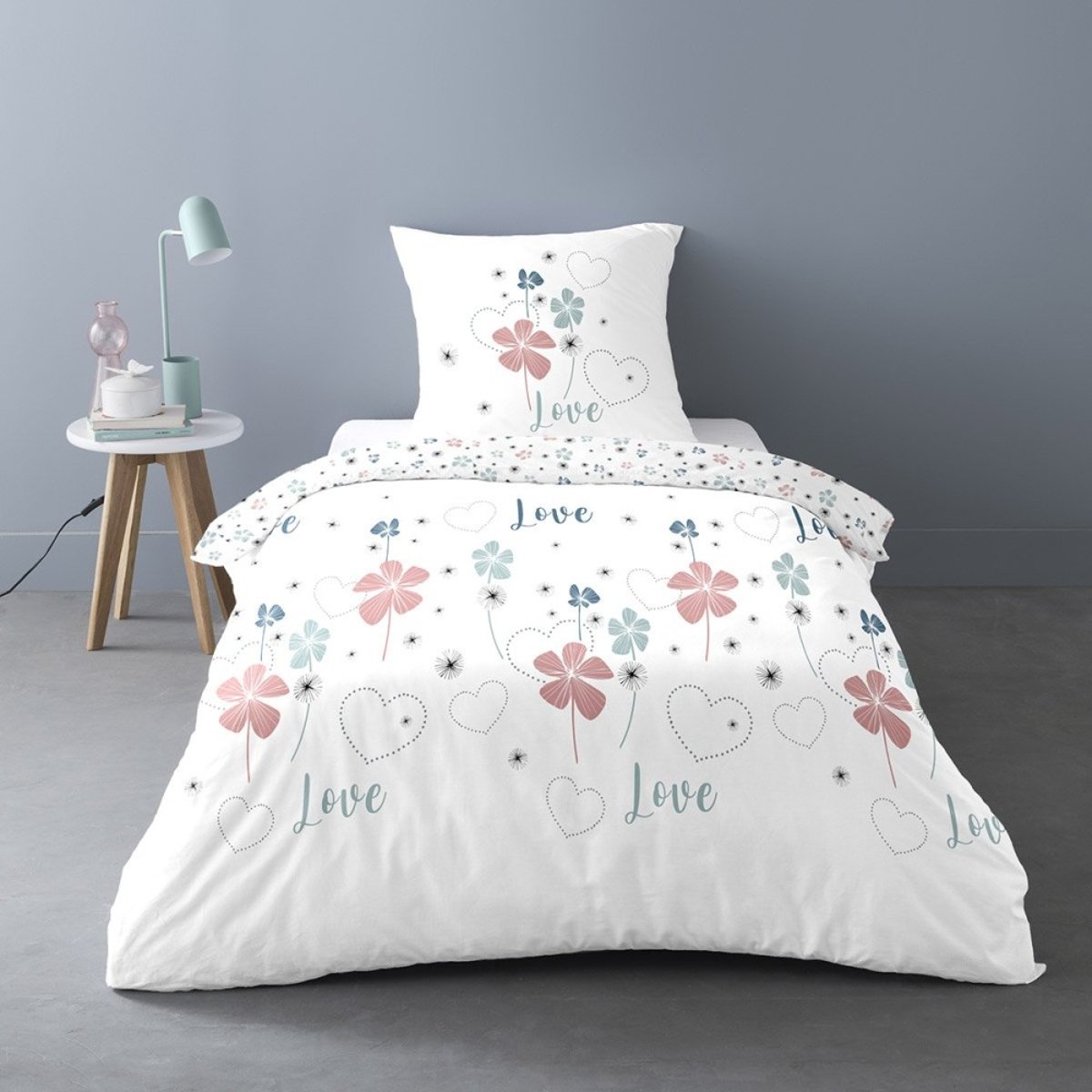 Housse de couette 140x200 Love Tiana + taie polycoton blanc, DECORATIE
