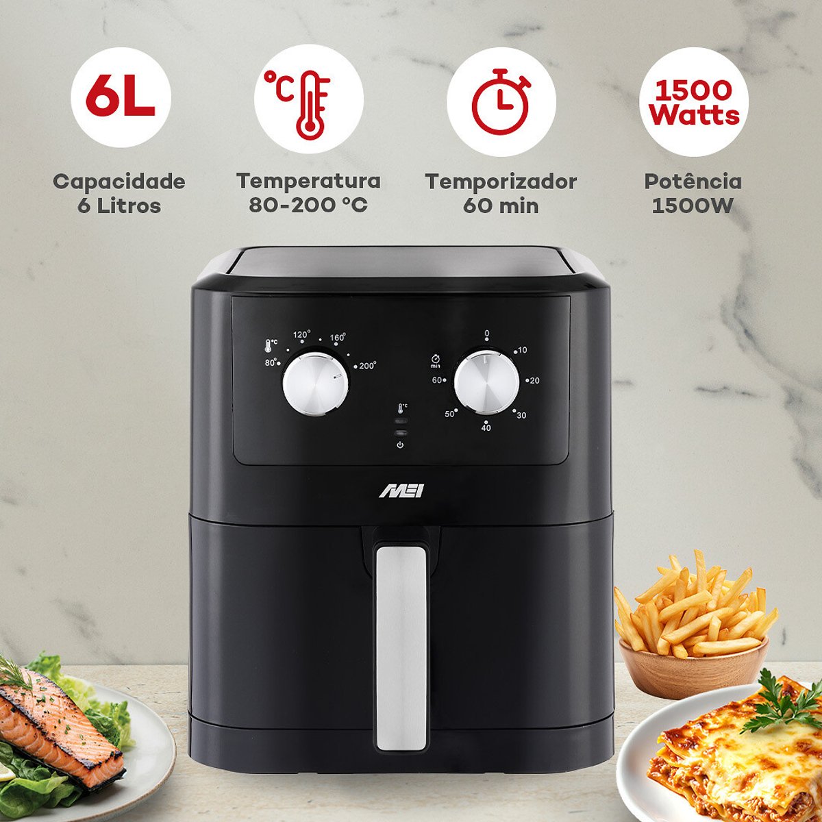 Fritadeira s/óleo 6L, MEI preto/inox, MEI