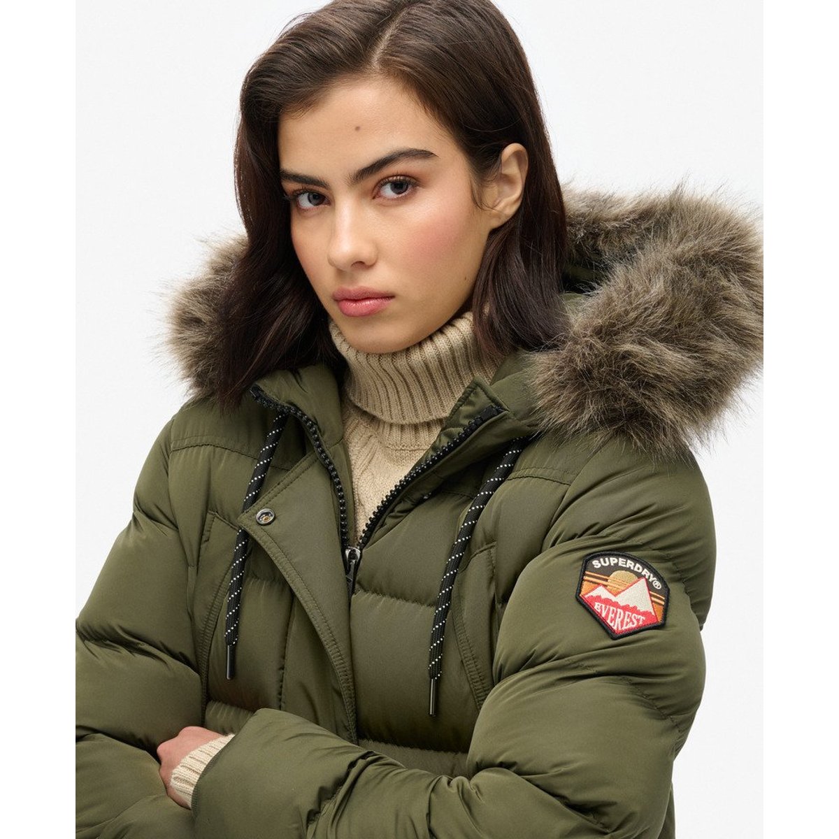 Manteau long en imitation fourrure Everest kaki militaire, SUPERDRY