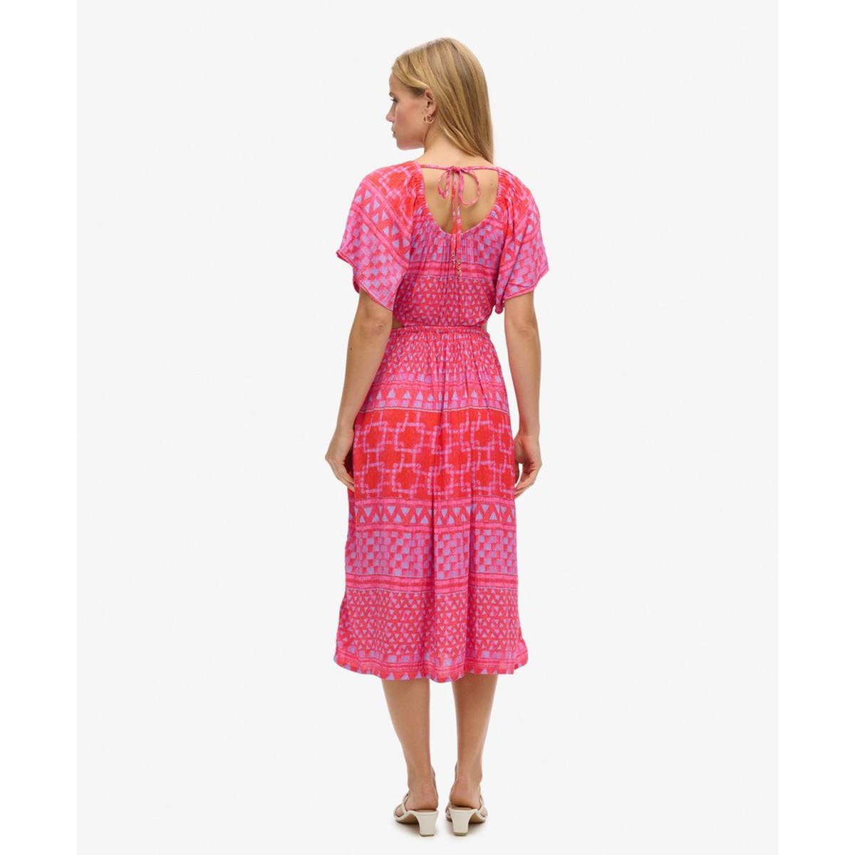 Robe mi-longue imprimée ajourée couche rose shibori, SUPERDRY