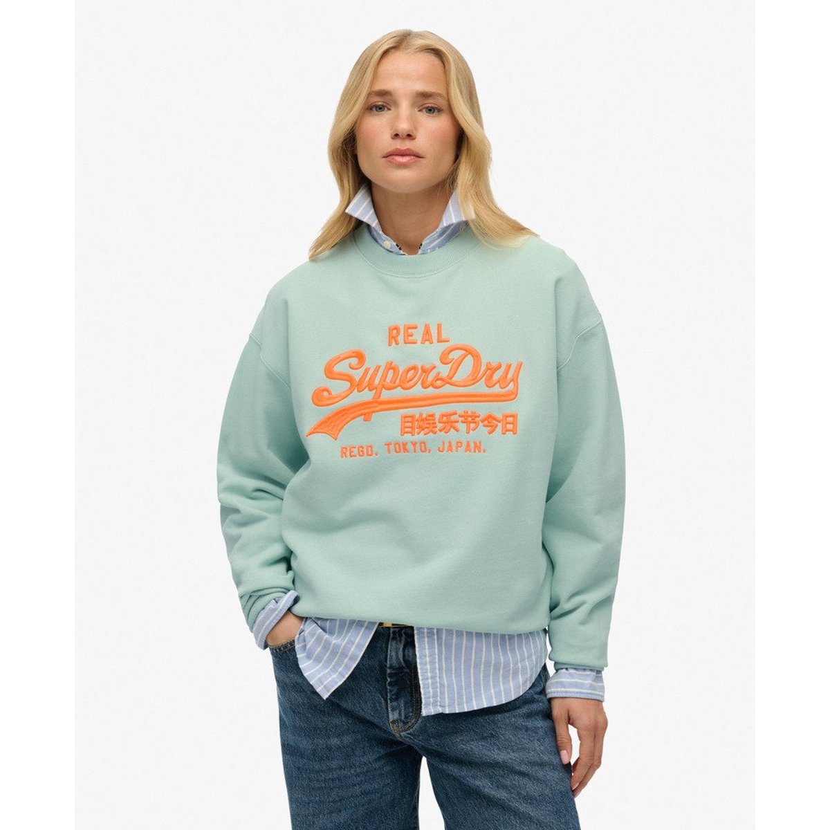 Pull ample à col ras-du-cou fluo Vintage Logo gris port, SUPERDRY