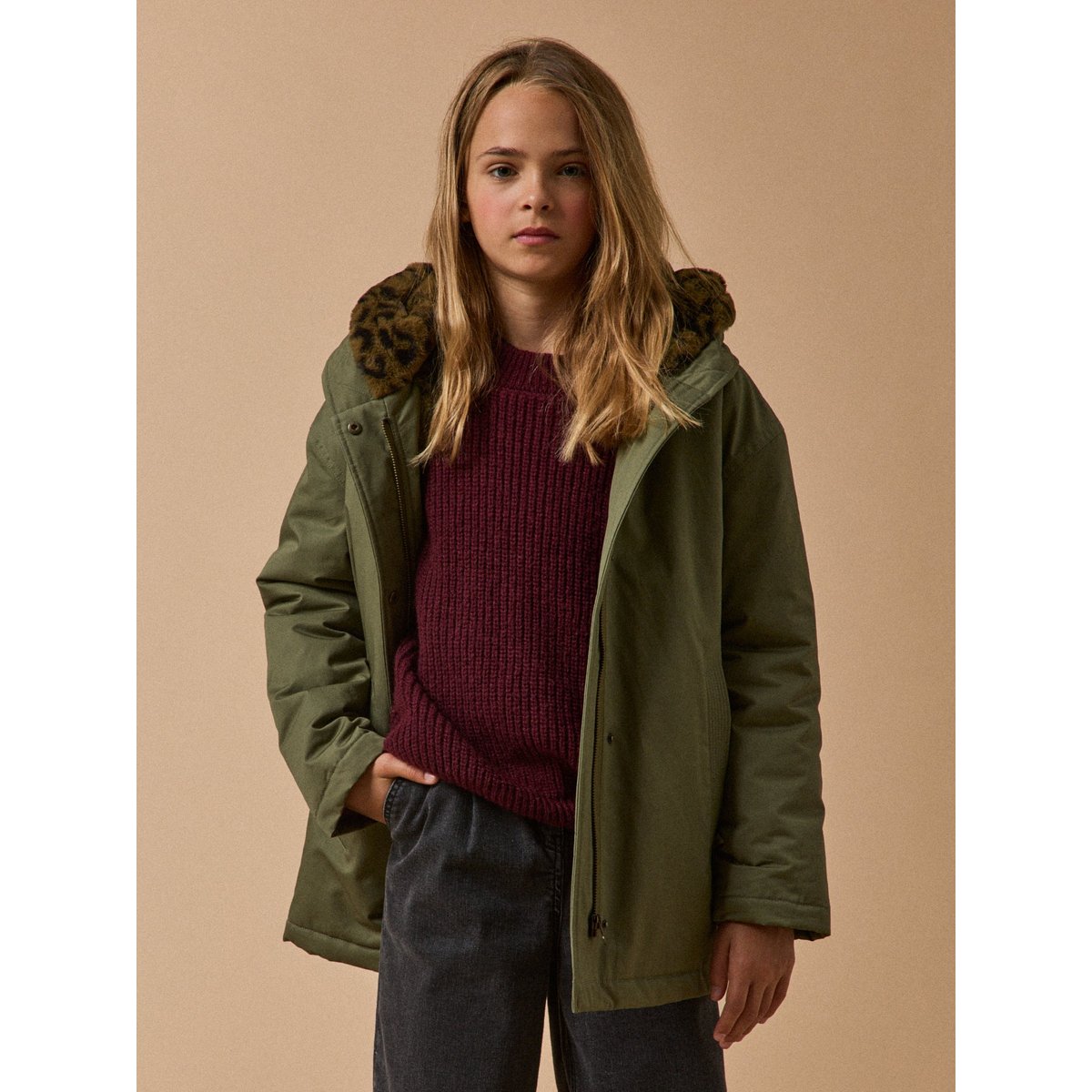 Parka courte doublée léopard - Collection JUNIOR vert olive, CYRILLUS