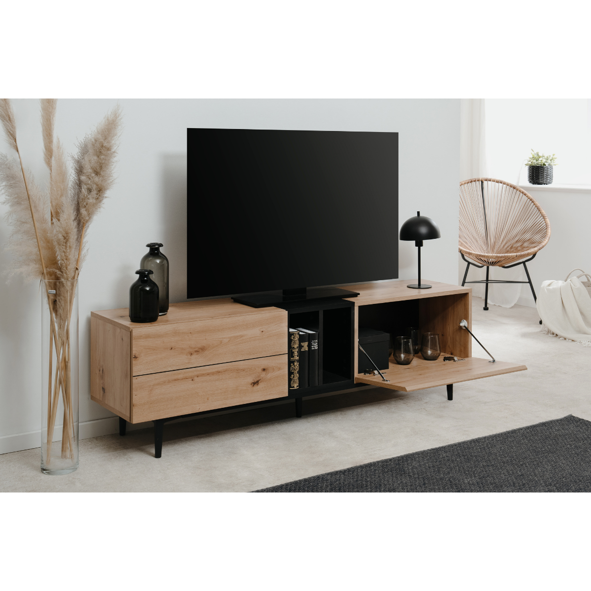 Meuble TV 2 abattants et 2 niches NOLA bois clair, CALICOSY