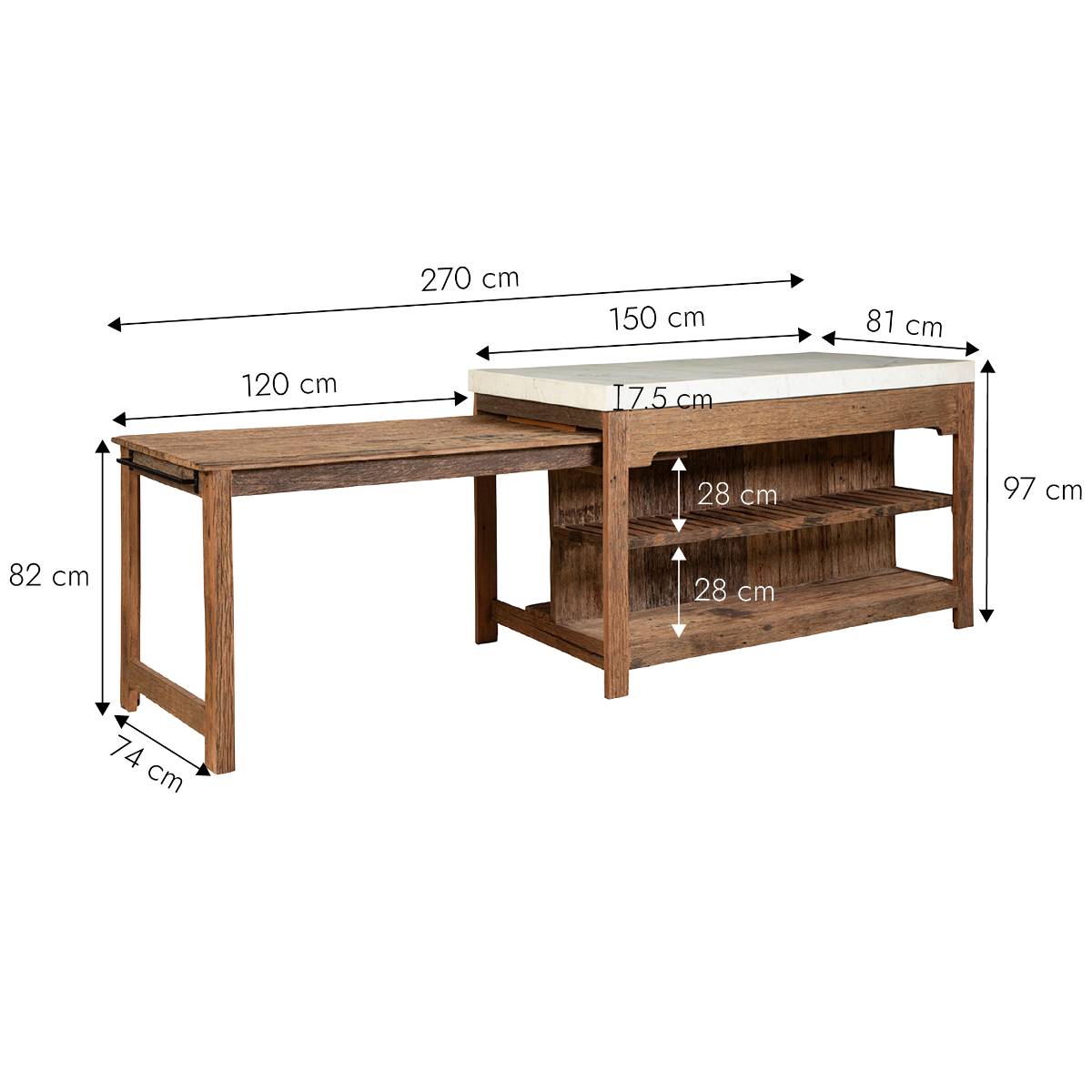 Ilot avec table extensible en bois recyclé et en marbre CAPUCINE bois foncé, MADE IN MEUBLES