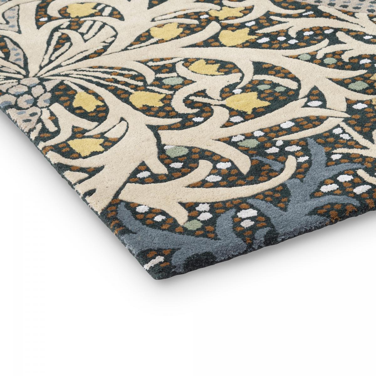 Tapis salon et chambre fait à la main en laine motif floral SEAWEED bleu, jaune, UN AMOUR DE TAPIS