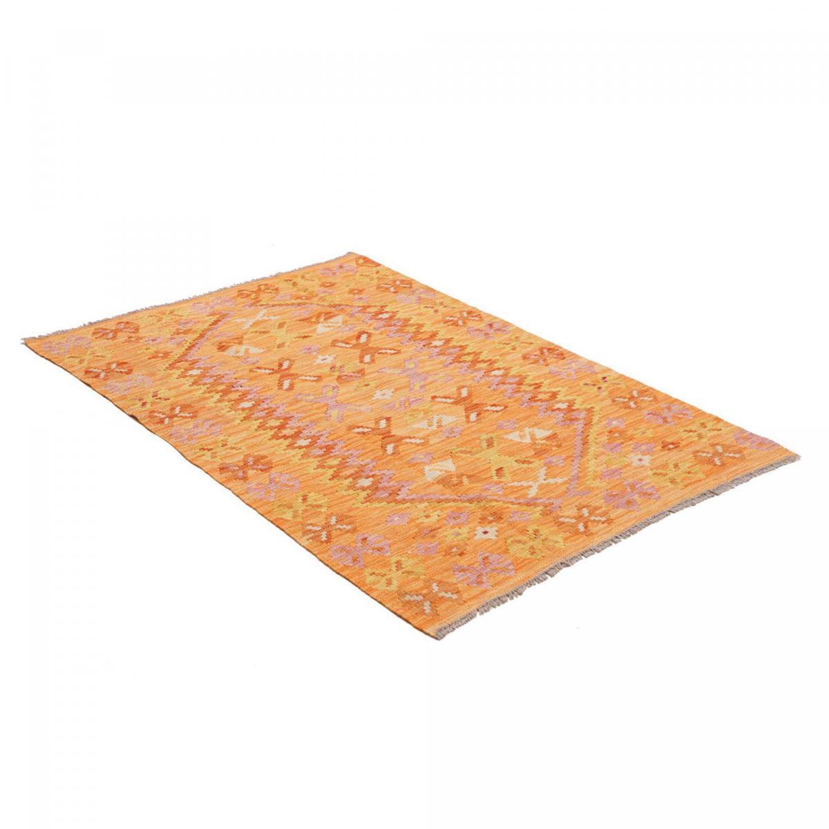 Tapis kilim au motif ethnique, tissé à plat en laine naturelle orange, rose, rouge, UN AMOUR DE TAPIS