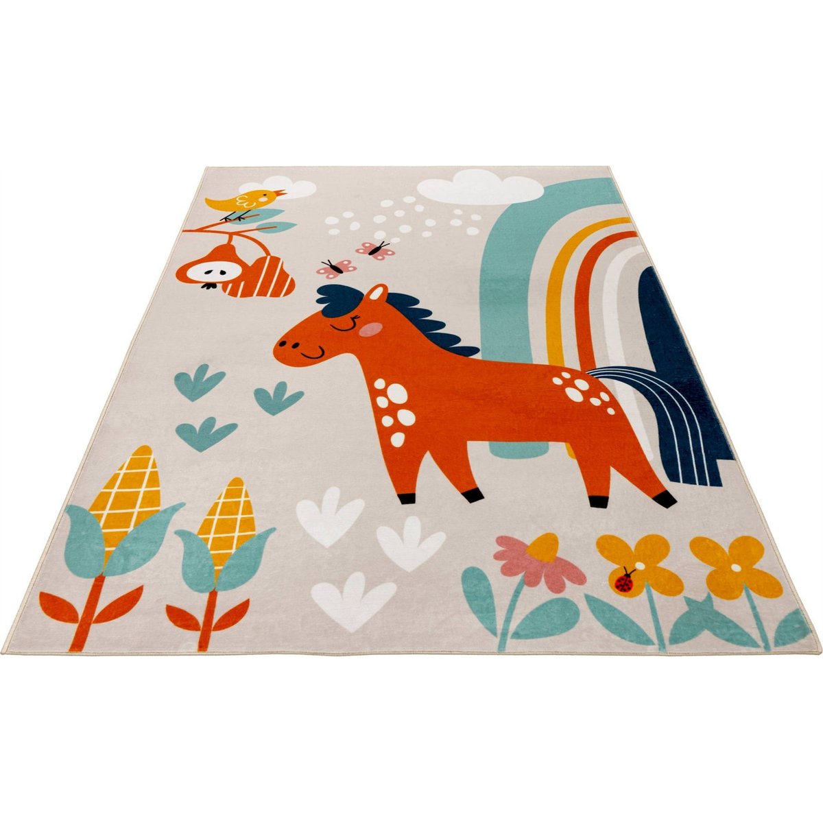 Tapis enfant motif cheval, Rectangulaire beige sable avec motifs multicolores, ARTE ESPINA