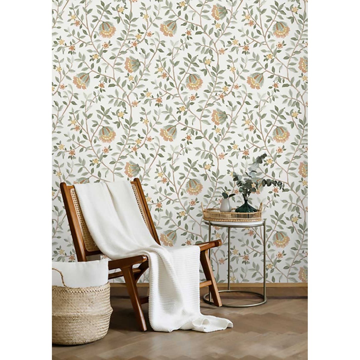 Papier peint fleuri botanique fond blanc cassé vert, HEXOA