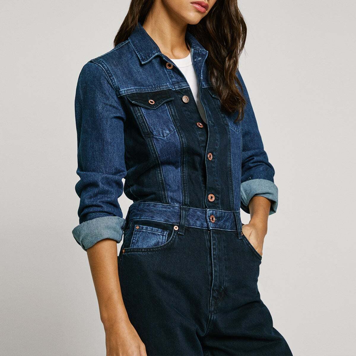 Combinaison Longue En Denim Bicolore 11oz blue black rigid denim, PEPE JEANS