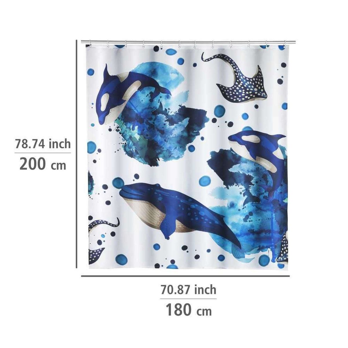 Rideau de douche en polyester recyclé à motifs animaux marins bleu, WENKO