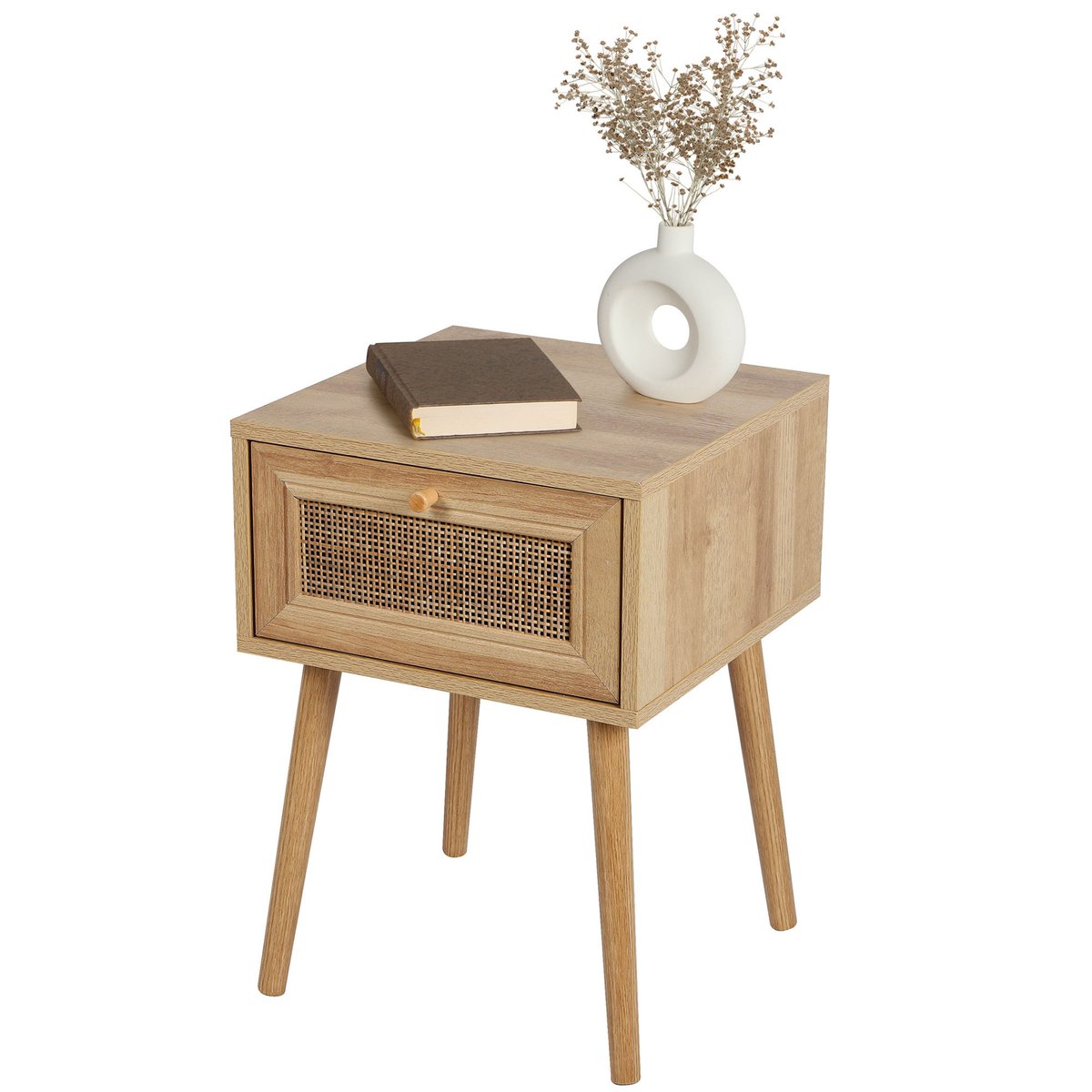 Table de chevet effet bois 1 tiroir rotin 39x39x55cm bois, WADIGA