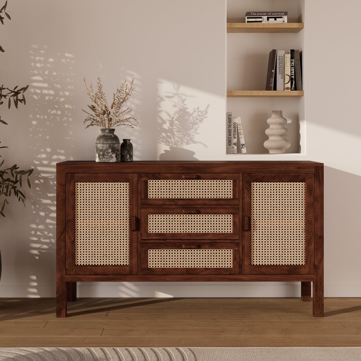Buffet en bois de manguier et cannage - TIKI marron foncé, MAISON PAVANE