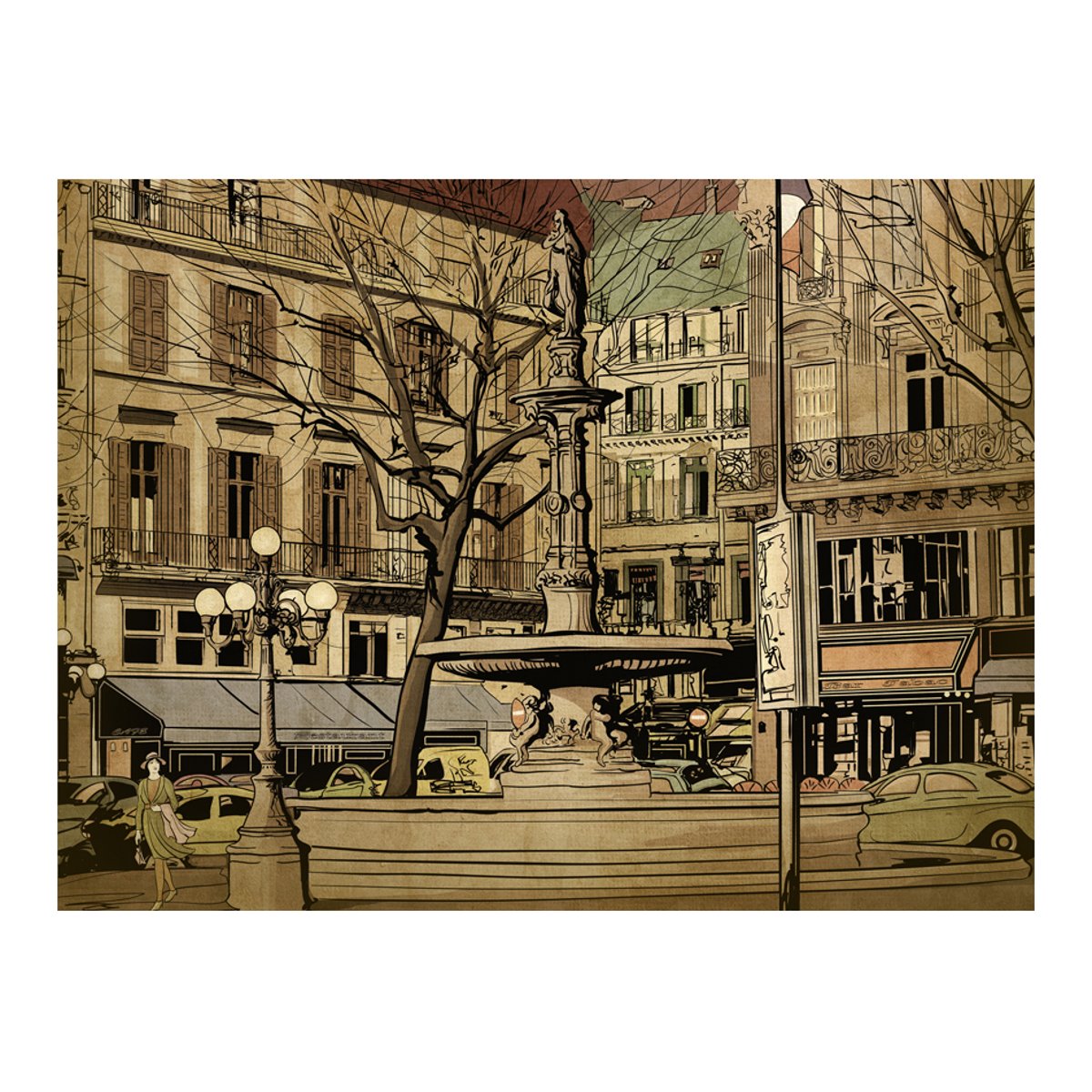 Papier peint intissé panoramique Ville et Architecture Parisian fountain multicouleur, EDEN
