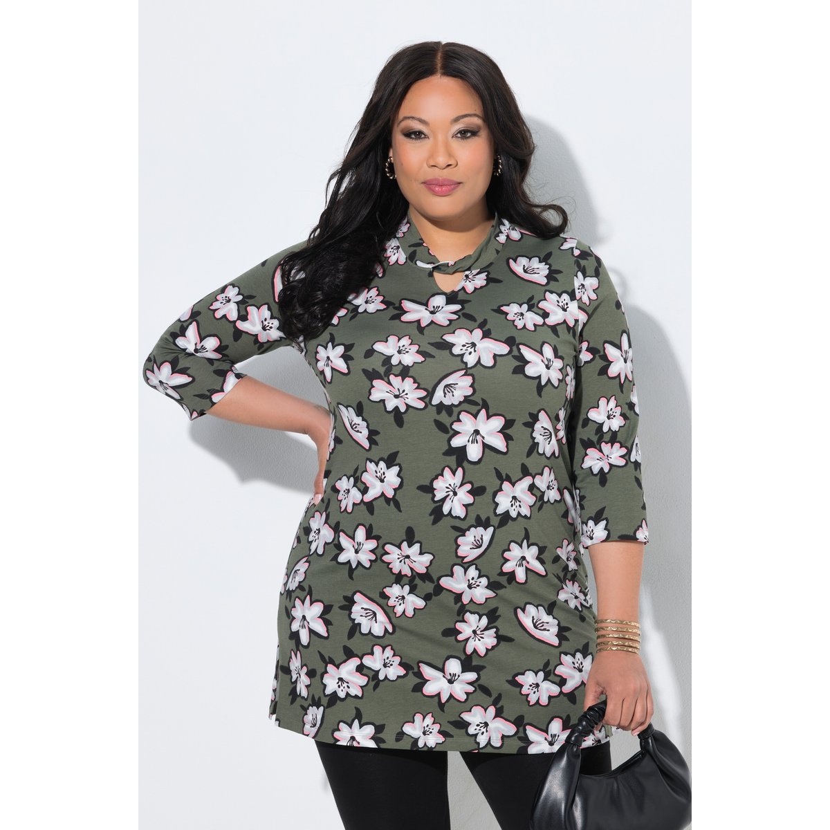 T-shirt long, fleurs, coupe en A gris olive, ULLA POPKEN
