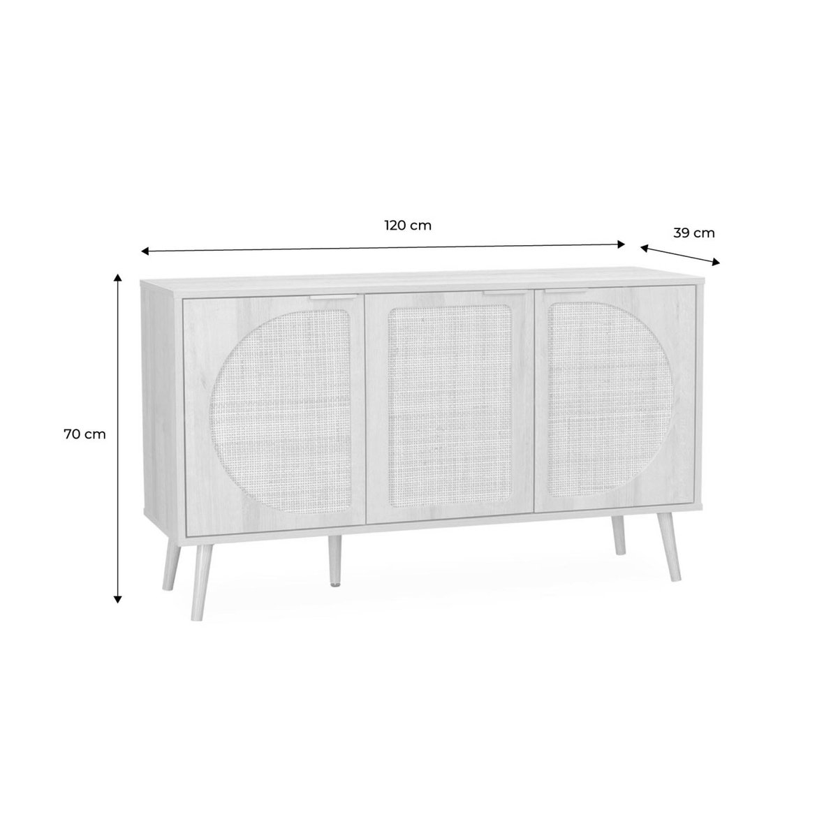 Buffet scandinave décor bois et cannage arrondi 3 portes 120cm EVA naturel, SWEEEK