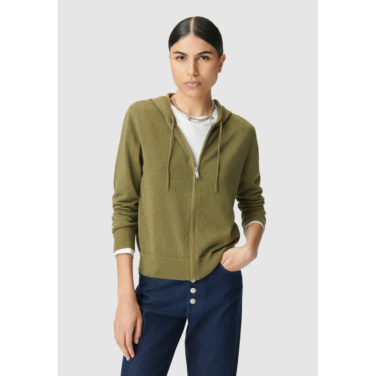 Cardigan à capuche tricot fil textile chevron dos vert kaki, IKKS