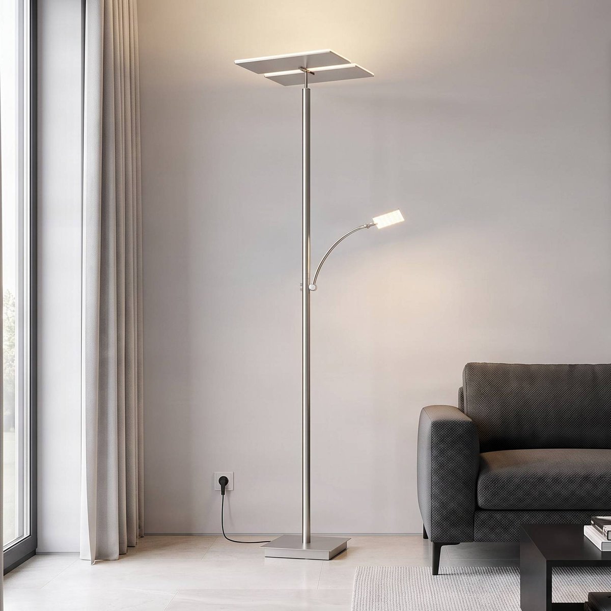 Lampadaire en métal moderneLED, Parthena nickel satiné, LUCANDE
