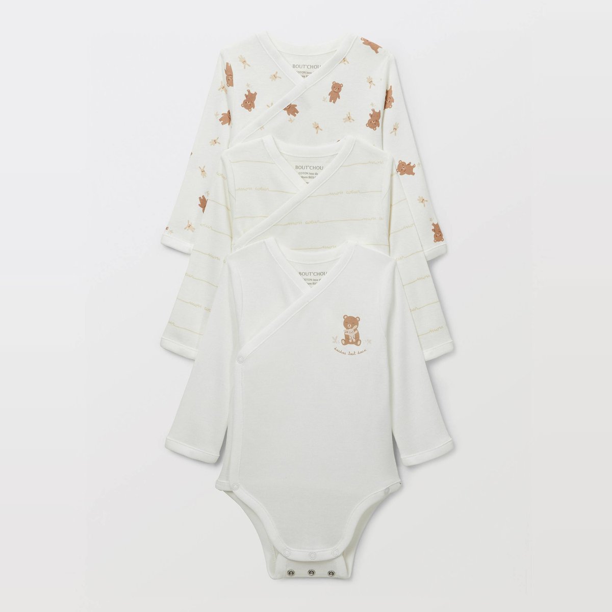Lot de 3 bodies croisés manches longues uni en coton BIO GOTS ecru, BOUT'CHOU