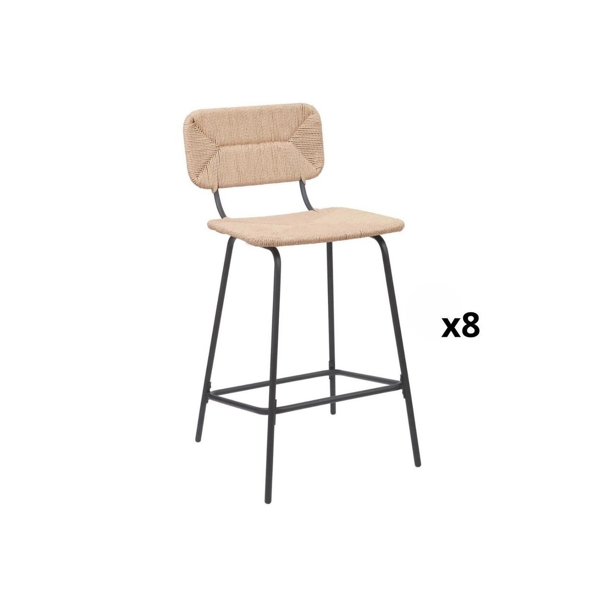 Lot de tabourets d'ilot et bar en métal et assise rotin 65cm NEMA|Lot de 8 | Lot de 8 naturel, MOB IN