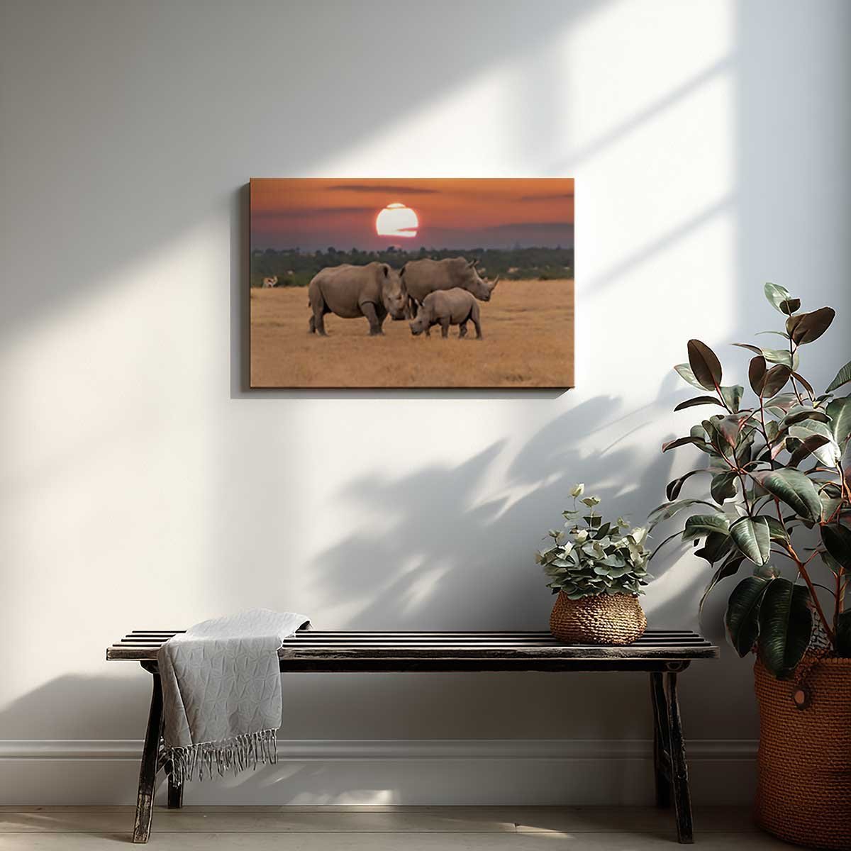 Tableau rhinocéros en famille au coucher du soleil toile imprimée, HEXOA