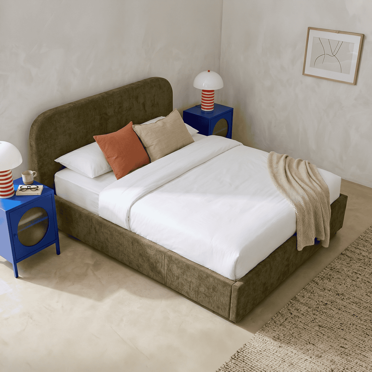 Lit coffre adulte avec tête de lit en tissu chenille - CASSIS vert kaki, HOMIFAB