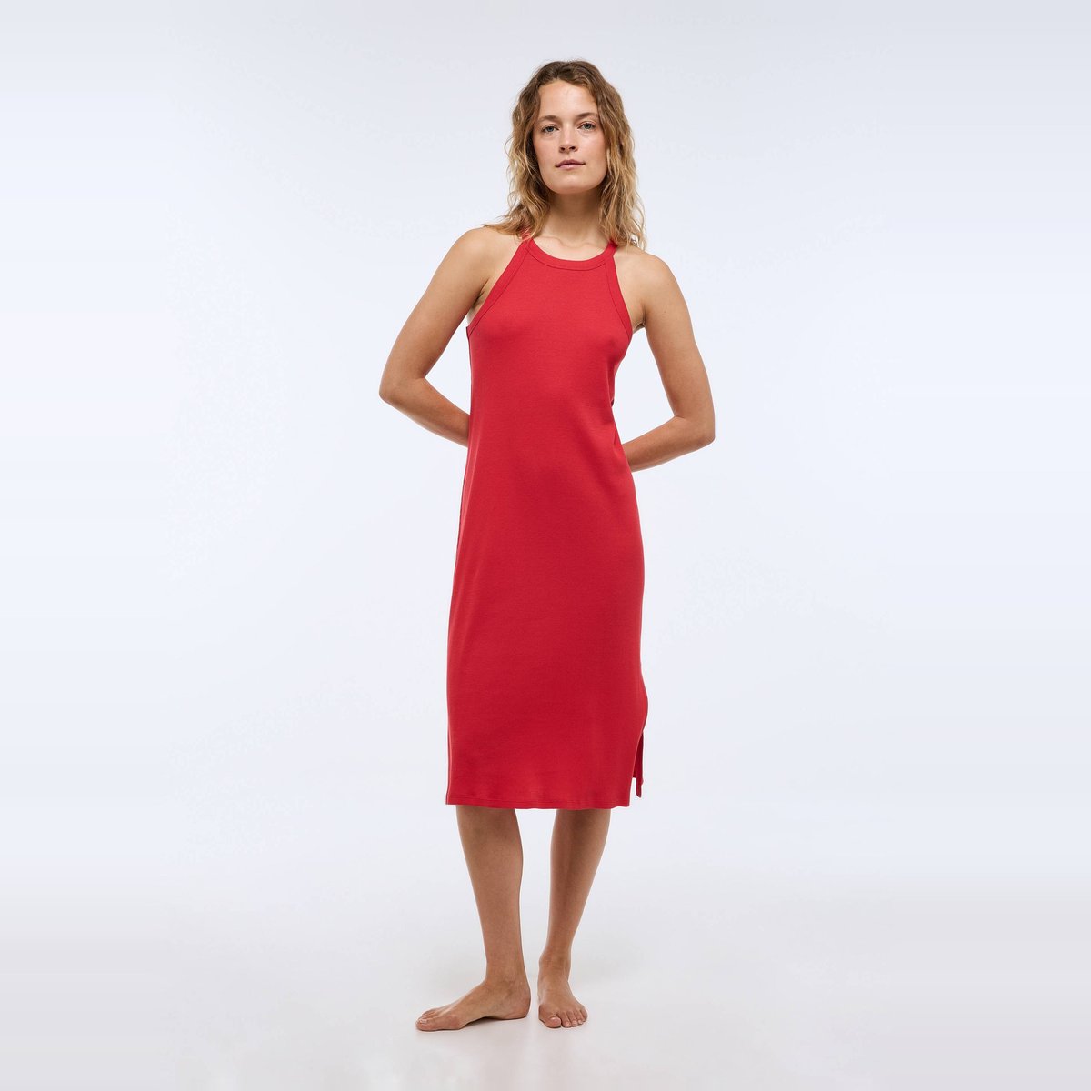 Chemise de nuit en coton bio GOTS côtelé rouge, MONOPRIX