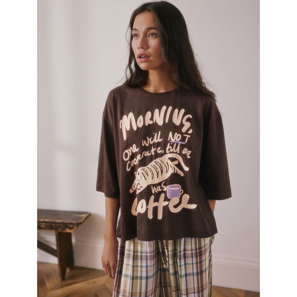 Pyjama à manches courtes et pantalon bouffant imprimé graphique marron chocolat, NEXT