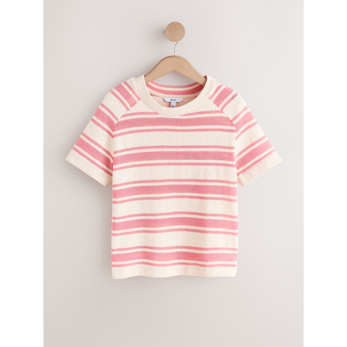 Haut ras du cou manches courtes aspect maille ecru/rayure rose, NEXT