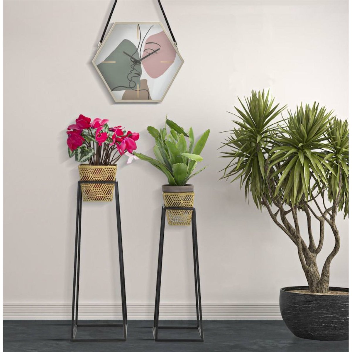 Lot de 2 cache-pots sur pied en fer GLAM doré et noir, RECOLLECTION